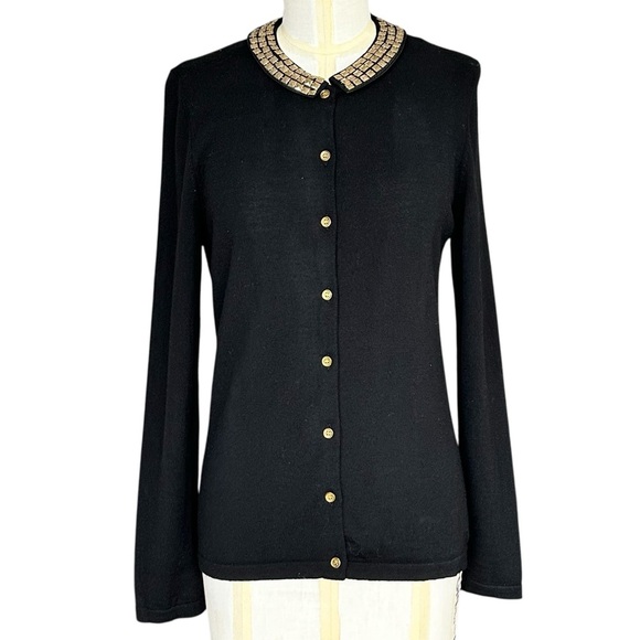 J. McLaughlin Black Merino Wool Cardigan Sweater Gold Studded Collar Size Medium - Picture 1 of 8
